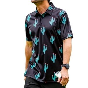 Bad Birdie Golf Men’s Black Polo Shirt Cactus Print (Hawaiian, Desert, Vegas) M